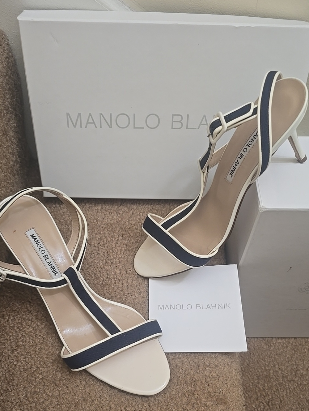Manolo Blahnik Ivory and Navy T-Strap Sandals